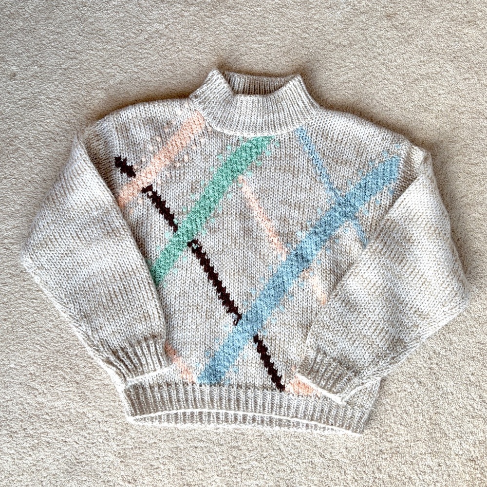 Vintage Argyle Acrylic Grey Patterned Mock Neck Sweater